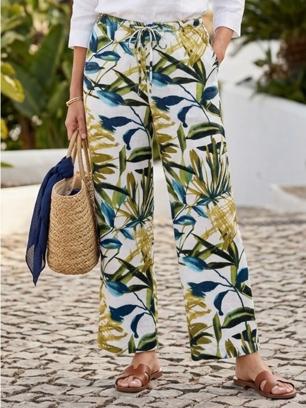 Chico's 100% Linen Tropical Leaf Wide Leg Pants Sz 1 Petite Green Blue